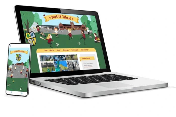 Photo of smartphone and laptop displaying an illustrated school website created by SchoolSays